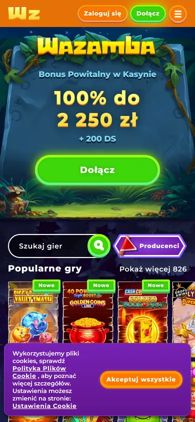 Wazamba Casino na telefonie – baner bonusu, wyszukiwarka i kafelki gier w wersji mobilnej